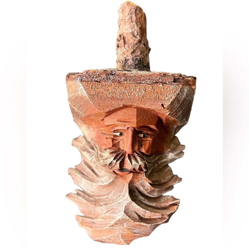 Vintage Wooden Carved Old Man Beard Head Bust Hillbilly Wall Hanger 12” x 6 1/2”